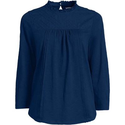 Lands' End Women's 3/4 Sleeve Cotton Slub Lace Trim Top