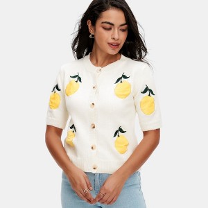 Knit & Lounge Short Sleeve Button Front Cardigan Lemon Embroidery Ribbed Trim Fitted Hem Lightweight - 1 of 4