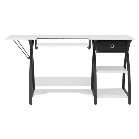 Comet Plus Hobby/Office/Sewing Desk with Fold Down Top, Height Adjustable  Platform, Bottom Storage Shelf and Drawer Black/White - Sew Ready