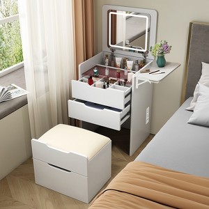 DOMETOUR Vanity Desk with Hidden Panel, Mirror with Lights, Charging Station, 3 Drawers, Compact Dressing Table with Hidden Stool - 1 of 4