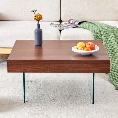 MAYEERTY 31.5" Walnut Square MDF Coffee Table - Tempered Glass Legs, Density Board Sticker.