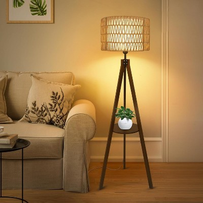 Vynxaria Bohemian Style Wooden Floor Lamp with Tripod and Shelf, Rattan and Cloth Shade, Ideal for Living Room, Bedroom, Office