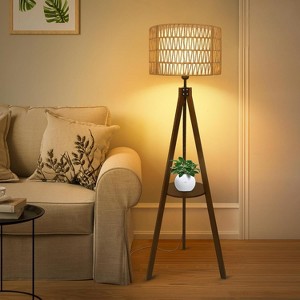 Vynxaria Bohemian Style Wooden Floor Lamp with Tripod and Shelf, Rattan and Cloth Shade, Ideal for Living Room, Bedroom, Office - 1 of 4