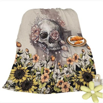 Wikineon Rustic Skull Sunflower Flannel Fleece Blanket Floral Skull Flannel Soft Plush Throw Blanket Cozy Blankets