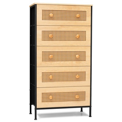 Crestlive Products 5 Drawers Rattan dressers for bedroom Storage Tower Tall Fabric Dresser with Wood Top &Wood Handles