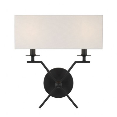 Matte Black 2-Light Wall Sconce with White Fabric Shade