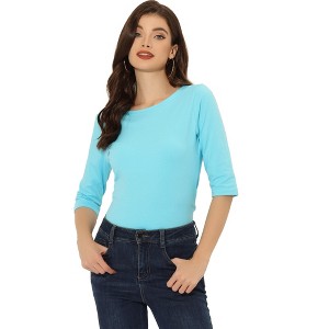 INSPIRE CHIC Women's Classic Solid Elbow Sleeves Round Neck Slim Fit T-Shirts - 1 of 4