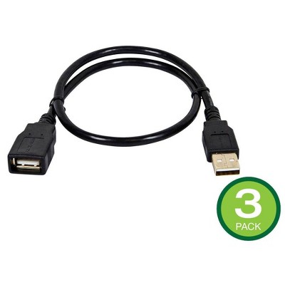 Monoprice USB Type-A to USB Type-A Female 2.0 Extension Cable - 1.5 Feet - Black (3 Pack) 28/24AWG, Gold Plated Connectors