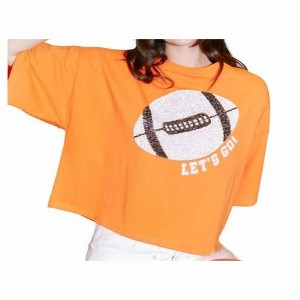 Women's Football Sequin Patch Crop Tee - Peach Love - 1 of 3