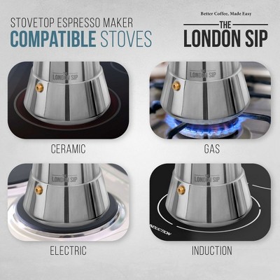 London Sip Silver Stainless Steel 3-Cup Stovetop Espresso Maker