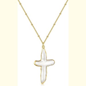 Freshwater Baroque Pearl & Gold Cross Necklace - Chunky Statement Sideways Pendant for Women/Men, Natural Christian Religious Gift - 1 of 4