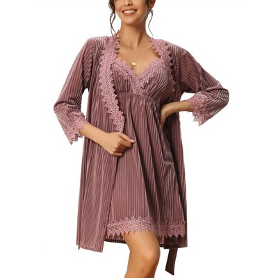 cheibear Women's Velvet Stripe with Lace Trim Loungewear Pajama Sets