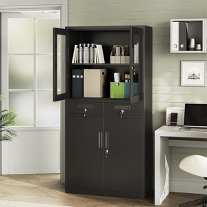 71" Black Metal Storage Cabinet with Glass Doors, Garage Storage with 2 Drawers + 2 Adjustable Shelves, Heavy Duty Tool Cabinet with Locking Doors - 1 of 4