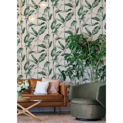 Teal and White Vinyl Peel and Stick Banana Leaf Wallpaper