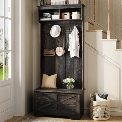 4-in-1 Coat Rack with Flip-top Door Storage Cabinet, Mud Room Bench Hall Tree, 5 Hooks, Dark Brown