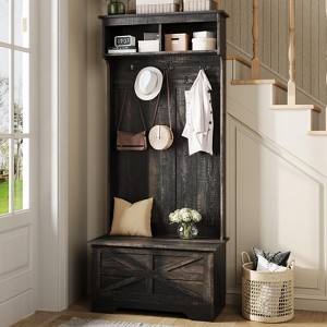 4-in-1 Coat Rack with Flip-top Door Storage Cabinet, Mud Room Bench Hall Tree, 5 Hooks, Dark Brown - 1 of 4
