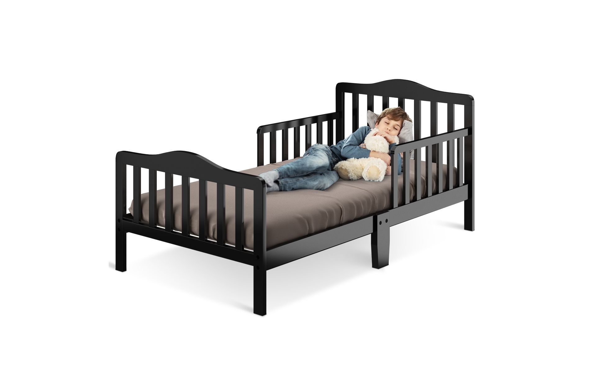 Infans Classic Kids Children Toddler Wood Bed Bedroom Furniture w/ Guardrails Black