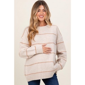 Pinkblush Beige Striped Drop Shoulder Maternity Sweater - 1 of 3
