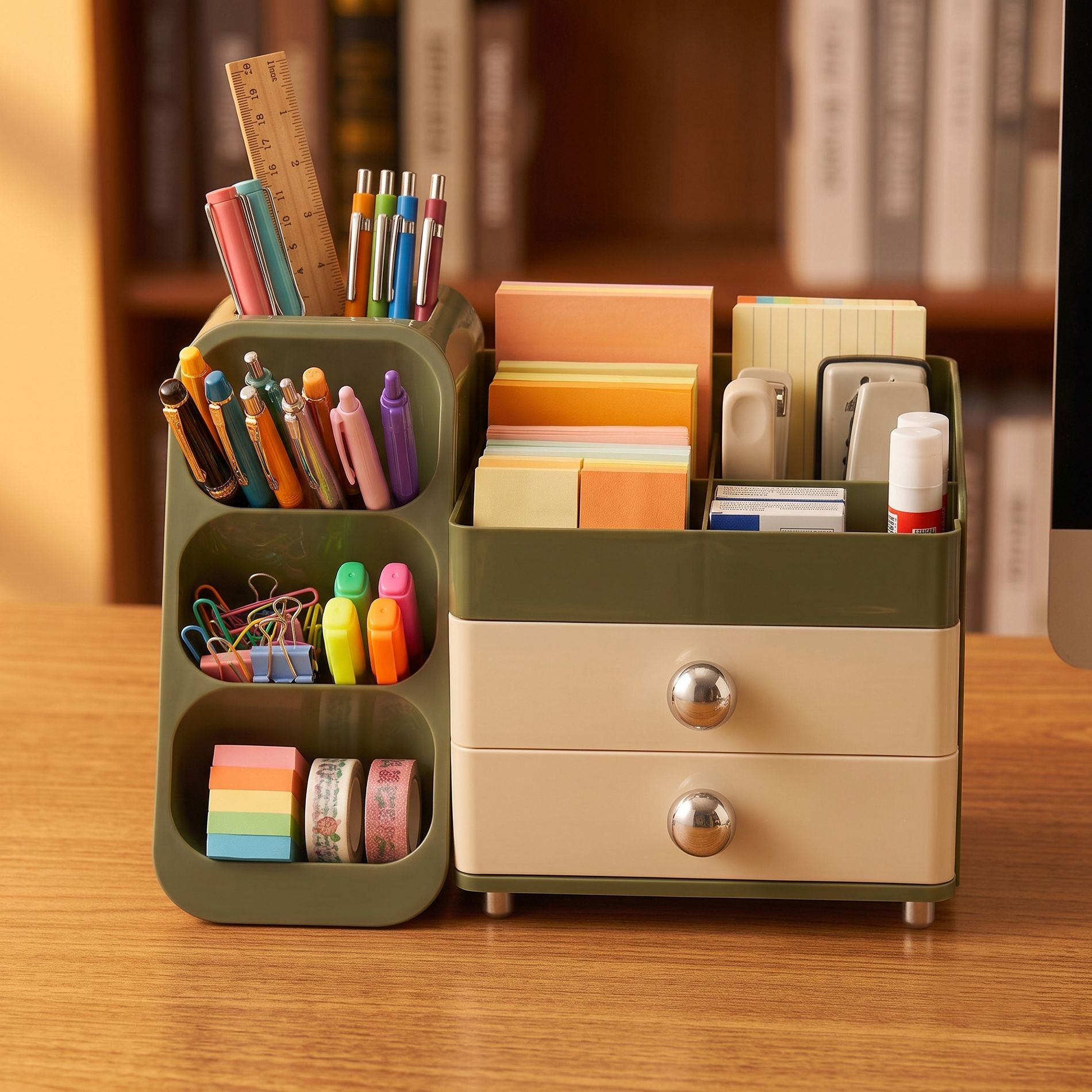 Multi-Functional Desk Organizer with 2 Drawers – Large Capacity Plastic Pen Holder & Stationery Storage, Green with Paper Box Packaging