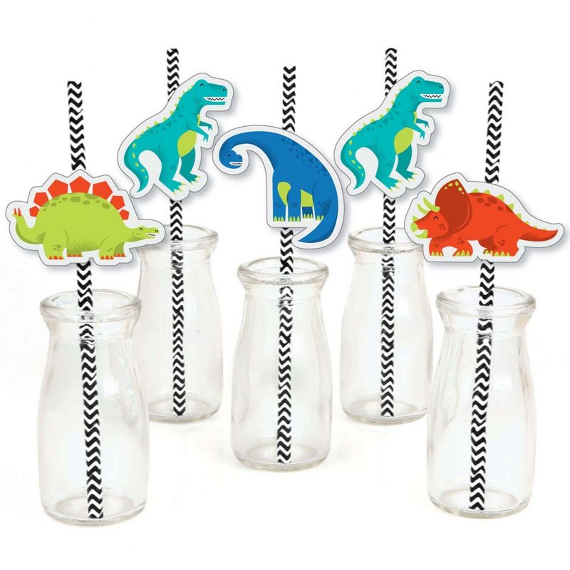 Big Dot of Happiness Roar Dinosaur - Paper Straw Decor - Dino Mite T-Rex Baby Shower or Birthday Party Striped Decorative Straws - Set of 24, 1 of 7