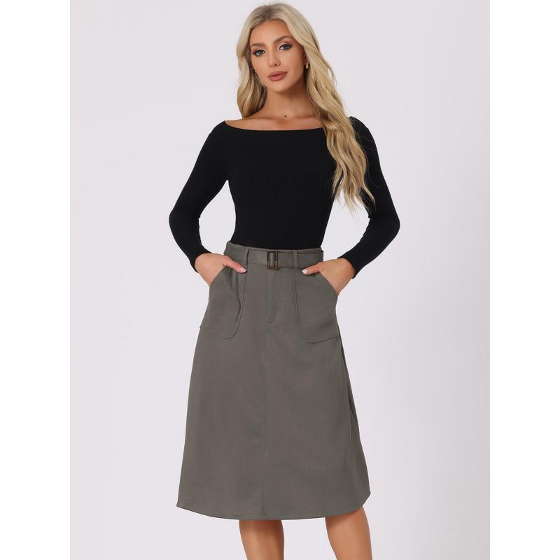 Allegra K Women's Casual Faux Suede Pockets Stretch A-line Midi Skirt with Belt, 3 of 6