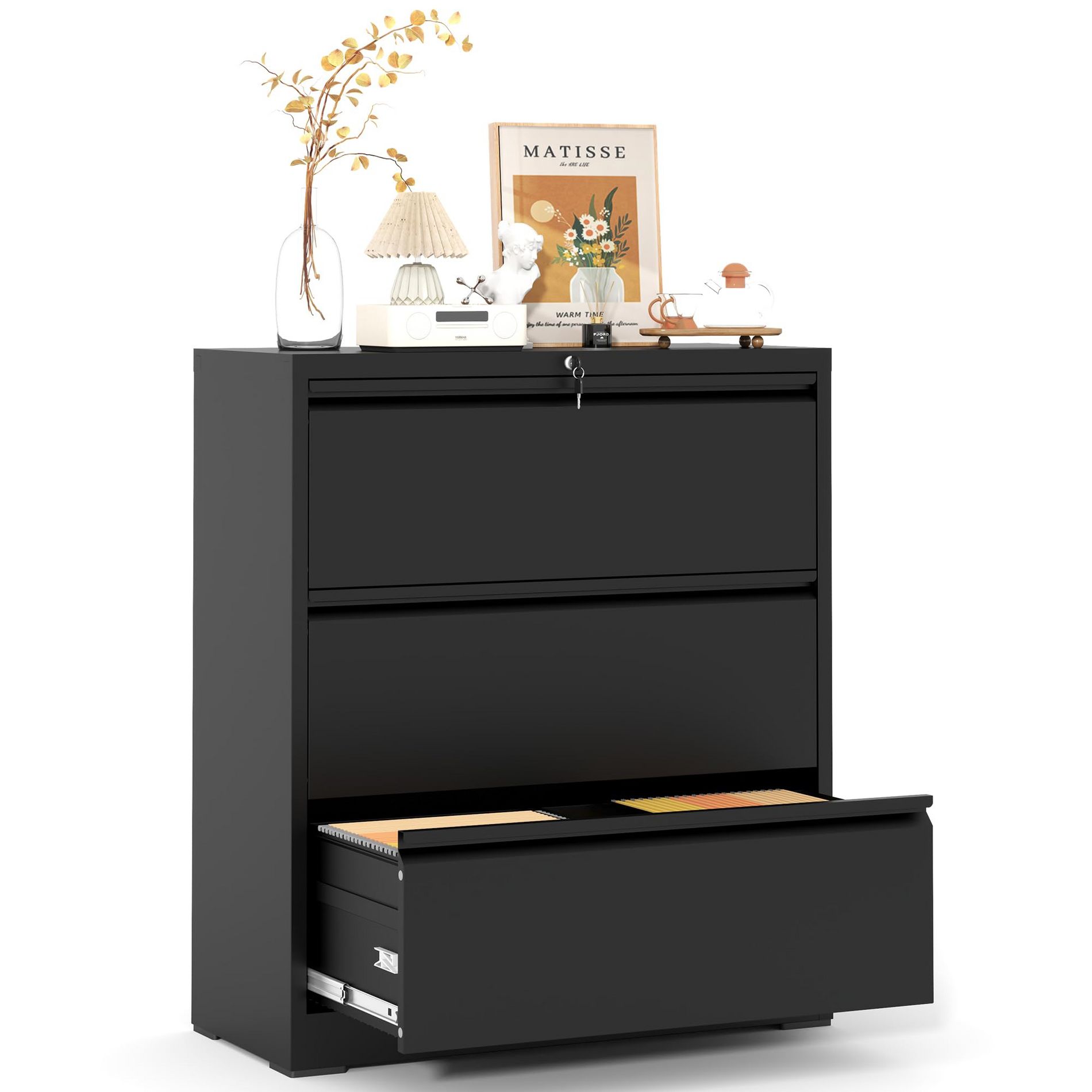 Munora - 3-Drawer Lateral File Cabinet with Lock - Wide Storage for Letter/Legal/A4 Files - Black