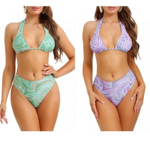 INSPIRE CHIC Women's Halter Lace Up Bra High Cut Triangle Thong Bottom Strappy Swimsuit 2 Sets - 1 of 4