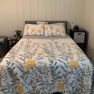 Lush Decor Aprile Soft Reversible Quilt Set- 3 Piece Quilted  Bedding Set with Charming Floral Leaf Design - Comfortable, Lightweight,  Beautiful Spring Garden Print - Full/ Queen, Blue & Gray 