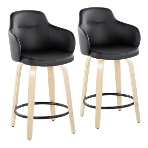 24" Contemporary Fixed-Height Counter Stool with Swivel in Wood and Faux Leather with Round Footrest - Set of 2 - 1 of 4