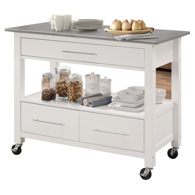 Acme Furniture Ottawa Kitchen Island Stainless Steel and White: Wood Composite, Metal Frame, Storage Cart with Casters
