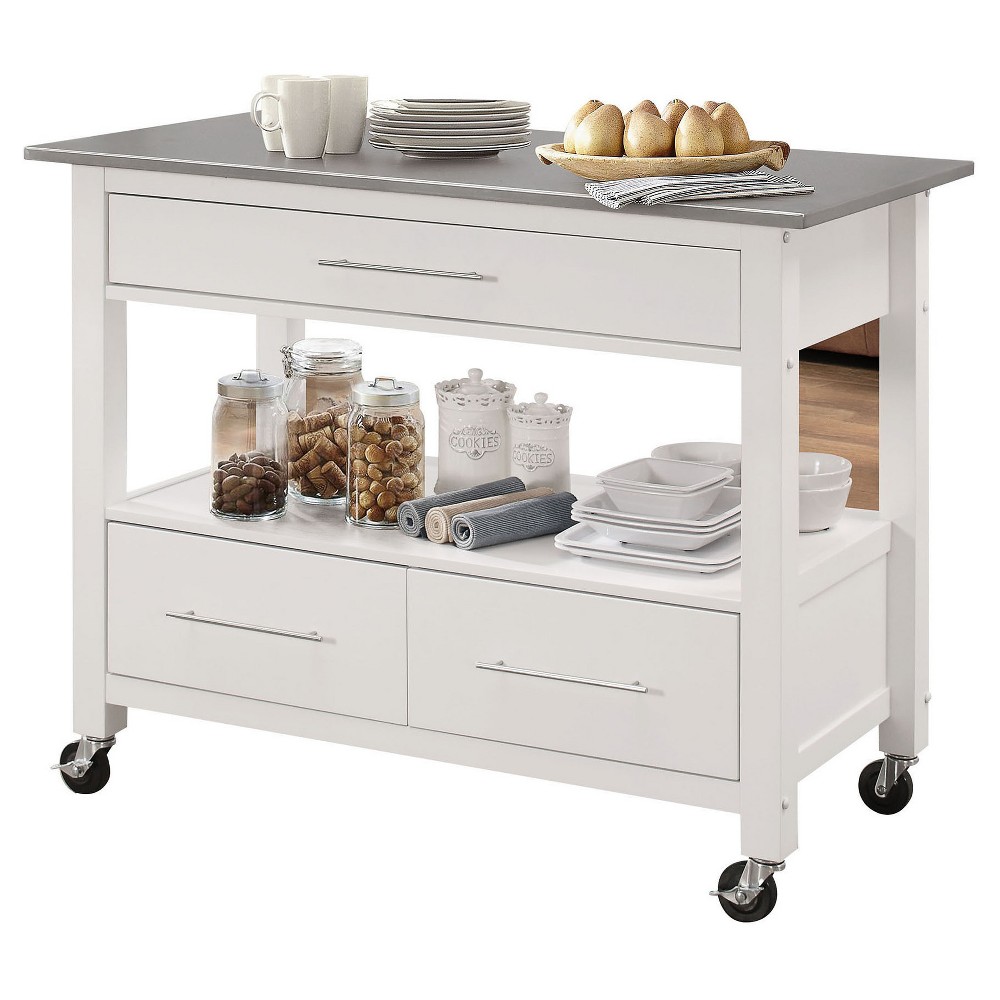 Acme Furniture Ottawa Kitchen Island Stainless Steel and White: Wood Composite, Metal Frame, Storage Cart with Casters -  52526451