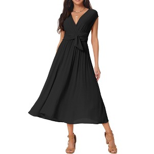 Seta T Women's Casual Sleeveless Wrap V Neck Flowy Ruffle Pleated Midi Dress with Belt - 1 of 4