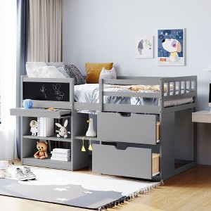 PAGED Simple Wooden Low Loft Bed Bunk Bed with Rolling Desk, Twin Size Bed Frame with Shelves, Drawers and Guardrail for Kids, Teens - 1 of 4