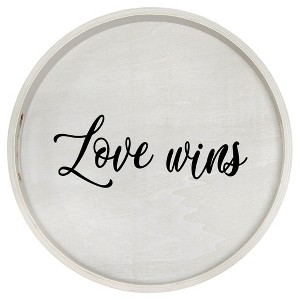 HomeRoots 14" Gray And Black Love Wins Round Serving Tray With Handles - 1 of 4