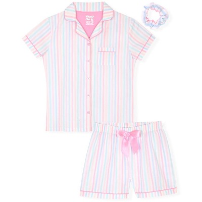 Sleep On It Girls 2-Piece Short-Sleeve Button Down Collared Coat Pajama Set with Matching Scrunchie