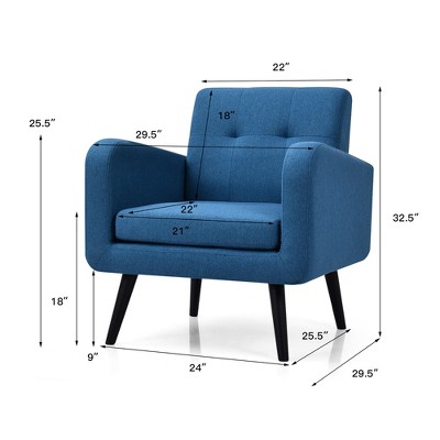 Blue Linen Tufted Back Armchair with Rubber Wood Legs