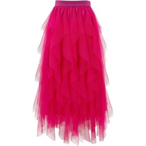 Women's A-Line Tulle Skirt - Tiered Midi Length with High Elastic Waist - 1 of 4
