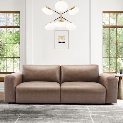 95 Oversized PU Leather Sofa, Comfy 3-Seater Couch with Extra Deep Seats, Wide Arms, Down Filled, Modern Style for Living Room, Apartment - Wolf Gray