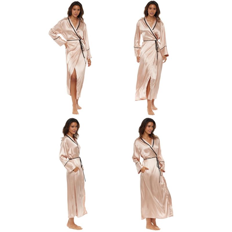 Women's Long Satin Robe with Contrast Piping- Tie Belt, Pockets, Full Length, 3 of 7