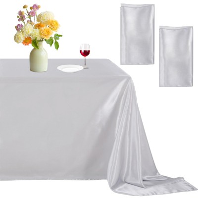 Wikineon Silver Satin Tablecloth: Party Tablecloth 2 Pack 57x120inch Rectangle Table Overlays for Holiday Wedding Baby Shower Ceremony