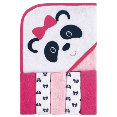 Luvable Friends Baby Girl Hooded Towel with Five Washcloths, Panda, One Size