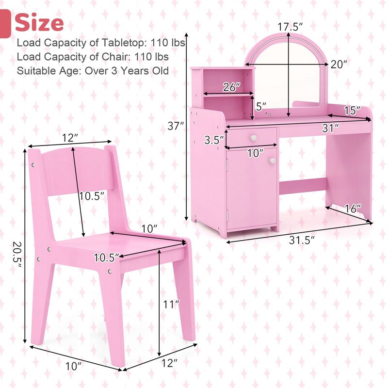 Costway Kid Vanity Table Chair Set 2-Color LED Lights Large Drawer Shelf Cabinet White/Pink, 3 of 11