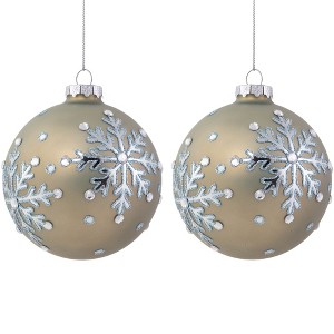 Northlight Mirrored Snowflakes Christmas Glass Ball Ornaments - 4"- Pale Gold - Set of 2 - 1 of 4