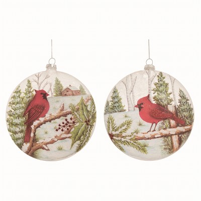 Transpac Glass Clear Christmas Cardinal Woods Ornaments Set of 2