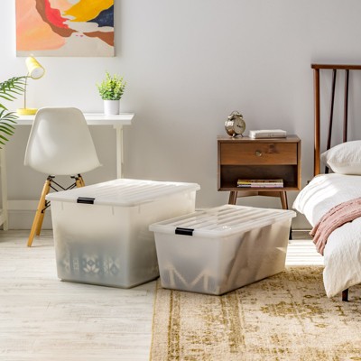Pearl White Stackable Plastic Storage Bins with Lids, 144 Quart, 3 Pack