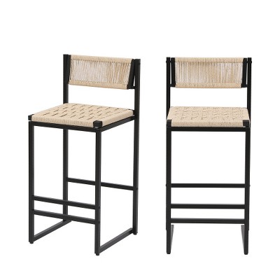 SYFERLORY Set of 2 Woven Bar Stools with Backrest Paper Rope Weave Dining Chairs for Kitchen Island (Style B Black & Creamy White)