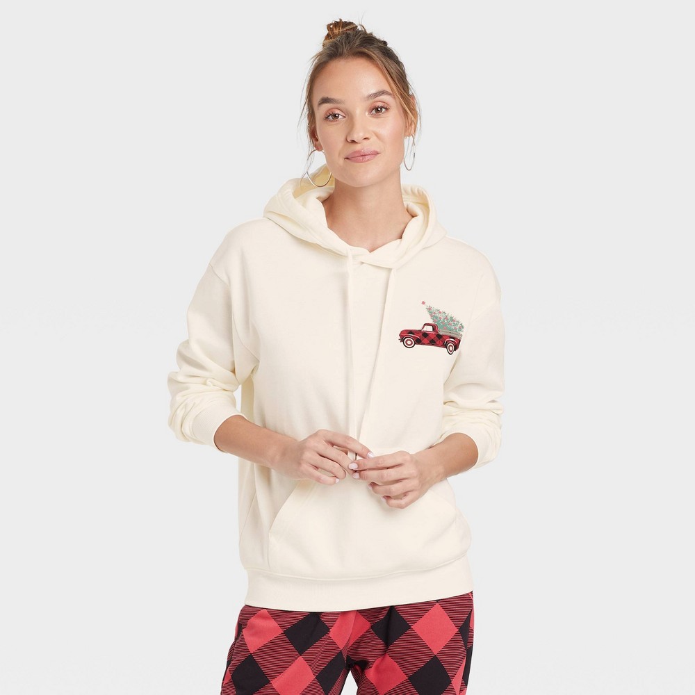 size small Women's Holiday Flannel Truck Hooded Graphic Sweatshirt - Ivory