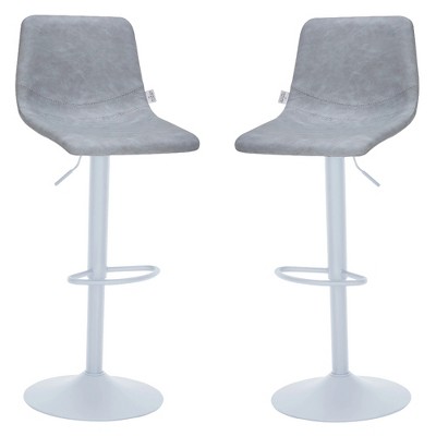 LeisureMod Tilbury Bar Stools with White Iron Base – Adjustable Height Counter Stools with Leather Seat, Swivel Function & Footrest Set of 2