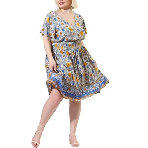 Women's V Neck Short Sleeve Midi Boho Floral Smock Waist Outfits A Line Dresses - Agnes Orinda - 1 of 4