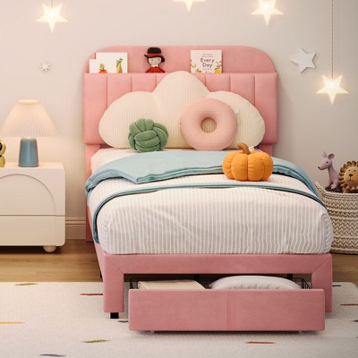 Garvee Twin Bed Frame with Drawer, Velvet Upholstered Platform Bed Frame with Storage Headboard, No Box Spring Needed, Easy Assembly
